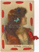 1900 Hölgy igazi hajas rátéttel, szalaggal / Lady with real hair and ribbon. litho