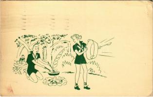 1937 Lány cserkészek vacsorafőzés közben / Girl scout art postcard (EK)