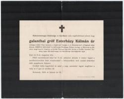 1916 Kolozsvár, galanthai gróf Esterházy Kálmán (1830-1916) politikus gyászjelentése, hajtott