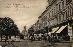 1910 Arad, Andrássy tér, üzletek, emeletes autóbusz / square, shops, double decker autobus (fa)