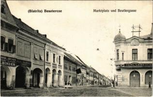 1906 Beszterce, Bistritz, Bistrita; Piac tér, Erszény utca, Carl Lebküchner, Julius Thalmeiner és Binder könyves üzlete, gyógyszertár / Beutlergasse, Marktplatz / street, square, shops, pharmacy (fa)