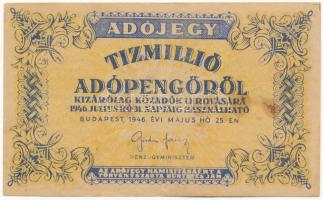 1946. 10.000.000AP sárgás vízjeles papíron, fordított címerrel T:III fo. Adamo P54Ah