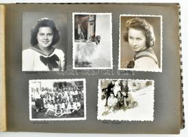 cca 1915-1943 Régi családi fotóalbum, kb. 100 db albumlapokra ragasztott fotóval (közte katonafotók), kissé foltos borítójú, zsinórfűzött vászonkötésben