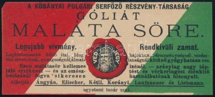 cca 1920-1930 Kőbányai Polgári Serfőző Rt. Góliát malátasör italcímke, 10x4 cm