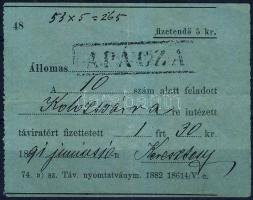 1891 Távirati díjnyugta / Telegram fee receipt "APÁCZA"