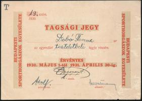 1930 Budapesti Sporthorgászok Egyesülete tagsági jegy