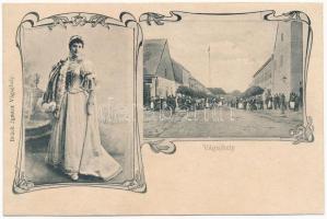 Vágújhely, Waag-Neustadt, Nové Mesto nad Váhom; Fő utca, korabeli színésznő (?). Brück Ignác / main street, actress (?). Art Nouveau (r)