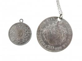 Ezüst(Ag) érme medál + lánc, jelzés nélkül, nettó: 7,75 g + kis medál