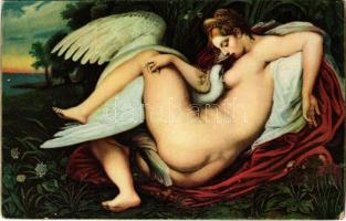 Leda mit dem Schwan / Erotic nude lady art postcard. Stengel s: Michelangelo (vágott / cut)