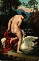 Leda mit dem Schwan / Erotic nude lady art postcard. Stengel litho s: Grosse (vágott / cut)