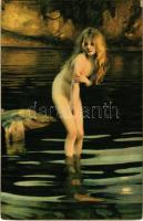 Im Zwielicht / Erotic nude lady art postcard. Stengel s: P. Chabas (vágott / cut)