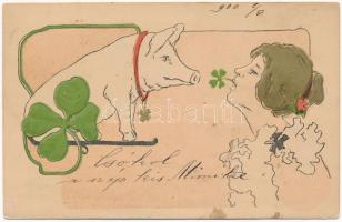 1900 New Year greeting Art Nouveau lady with pig and clover. B.R.W. Emb. litho (fl)