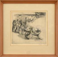 Szőnyi István (1894-1960): Este falun, rézkarc, papír, jelzett, üvegezett fa keretben, 21,5×22,5 cm