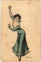 1909 Dancing lady art postcard. Simplicissimus-Karte Serie V. Nr. 6. s: Reznicek (kopott sarkak / worn corners)