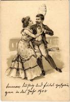 1901 Romantic couple, lady art postcard. Emb. litho (vágott / cut)