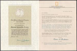 1978 National Geographic Society tagfelvételi oklevél + kísérő levél, papírmappában, angol nyelven