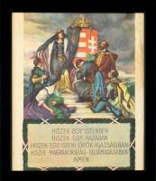 1928 Magyar Hiszekegy, színes nyomtatvány, üvegezett keretben, papír szélén gyűrődés, folt, 29×23,5 cm