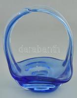 Kék hutaüveg asztali asztali kínáló kosár, kis kopásnyomokkal, m: 16,5 cm