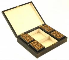 Díszdoboz, dekoratív intarziával, fa, sérült, 20x25x2cm