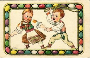 Children art postcard, Czechoslovak folklore, Easter greeting s: S. Bednár (EK)