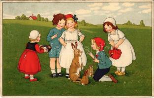 1915 Children art postcard with Easter greeting, rabbits and eggs. Druck u. Verlag v. B. Dondorf No. 713. (Rb)