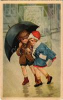 1925 Children art postcard, romantic couple. Amag (EK)