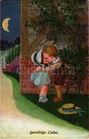 Heimliche Liebe / Children art postcard, romantic couple kissing. A.R. & C.i.B. No. 1139. (gyűrődés / crease)