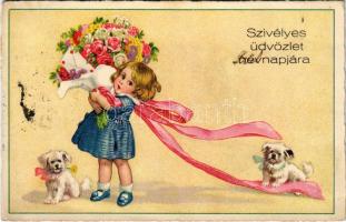 1941 Szívélyes üdvözlet névnapjára / Children art postcard with Name Day greeting, girl with dogs. B. Co. B. 8643/4. (fl)