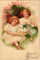 1899 Children art postcard, girls with puppies. litho (lyuk / pinhole)