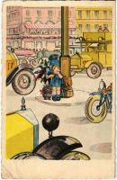 1952 Children art postcard, girl in the traffic (EB)