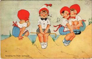 1923 Speaking the Truth - perhaps? Children art postcard s: Chicky Spark (ázott sarok / wet corner)