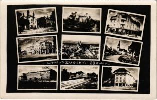 Zólyom, Zvolen; mozaiklap: zsinagóga, vasútállomás, vár / multi-view postcard with synagogue, railway station, castle