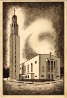 1936 Budapest II. Pasaréti Ferences Szent Antal templom homlokzata. Kiadja a Szentföld Magyarország Biztosi Hivatala (EK)
