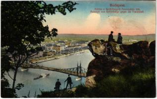 1913 Budapest I. Kilátás a Gellérthegyről a Ferencváros felé, Ferenc József híd (vágott / cut)