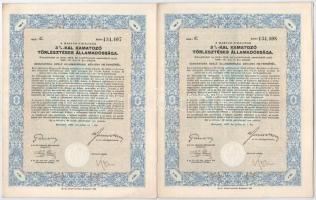 Budapest 1942. "A Magyar Királyság 3%-kal Kamatozó Törlesztéses Államadóssága" kötvénye 100P-ről szárazpecséttel és szelvényekkel (3x) közte sorszámkvető pár + Budapest 1944. "A Magyar Királyság 3%-kal kamatozó törlesztéses kölcsöne" búzakötvénye 100q búza értékéről szelvényekkel T:II-,III