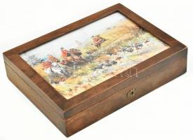 Régi, fa doboz, tetején lovas vadászjelenetet ábrázoló képpel, kopott 28×21×6 cm