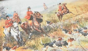 Régi, fa doboz, tetején lovas vadászjelenetet ábrázoló képpel, kopott 28×21×6 cm