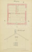 cca 1880 Északkeleti Vasút őrház minta terve. Kézzel rajzolt + töltés tervrajza 21x35 cm 41x35 cm