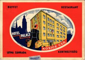 1938 Kassa, Kosice; Hotel Palace szálloda és étterem reklámlapja. Wiko Litográfia / hotel and restaurant advertisement card + 1938 Kassa visszatért So. Stpl. (gyűrődés / crease)