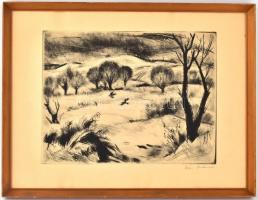 Iván Szilárd (1912-1988): Táj varjakkal. Rézkarc, papír, jelzett, 29X39 cm. Fa keretben
