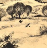 Iván Szilárd (1912-1988): Táj varjakkal. Rézkarc, papír, jelzett, 29X39 cm. Fa keretben