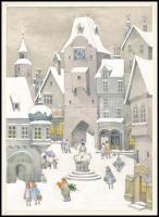 Lazetzky Stella (1924 - 2014) : Képeslap terv. Akvarell, papír, dedikált, paszpartuban, 12x16 cm