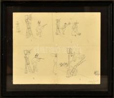 Kolos László (?-?): Humoros jelenetsor (képregény), 1919. Ceruza, papír, jelzett, kartonra kasírozva. Üvegezett fa keretben, 17×20,5 cm