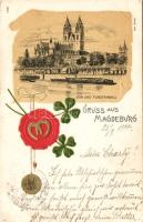 Magdeburg cathedral and Fürstenwall promenade railway Emb. Litho
