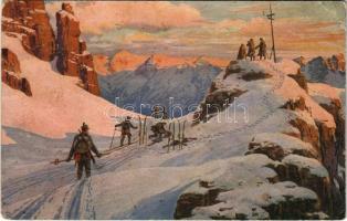 Im Kampf um Tirol. Der neue Tag / Hajnal-hasadás / WWI Austro-Hungarian K.u.K. military art postcard, mountain troops on ski (r)