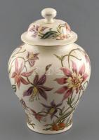 Zsolnay virág mintás fedeles váza. Kézzel festett, jelzett, gyártáskori mázrepedéssel 36 cm