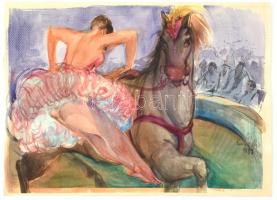 Emilia Weiss (?-): Cirkuszban (1980), akvarell, papír, jelzett, 38×55 cm
