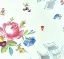 Óherendi áttört kosár, virágokkal díszített, két füllel, kézzel festett, jelzett, kopott, d: 25 cm