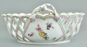 Óherendi áttört kosár, virágokkal díszített, két füllel, kézzel festett, jelzett, kopott, d: 25 cm