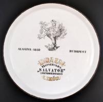 Zsolnay Braun Testvérek Rt. Salvator Likőr, reklám porcelán fali tál, matricás, jelzett, kopott, d: 31 cm
